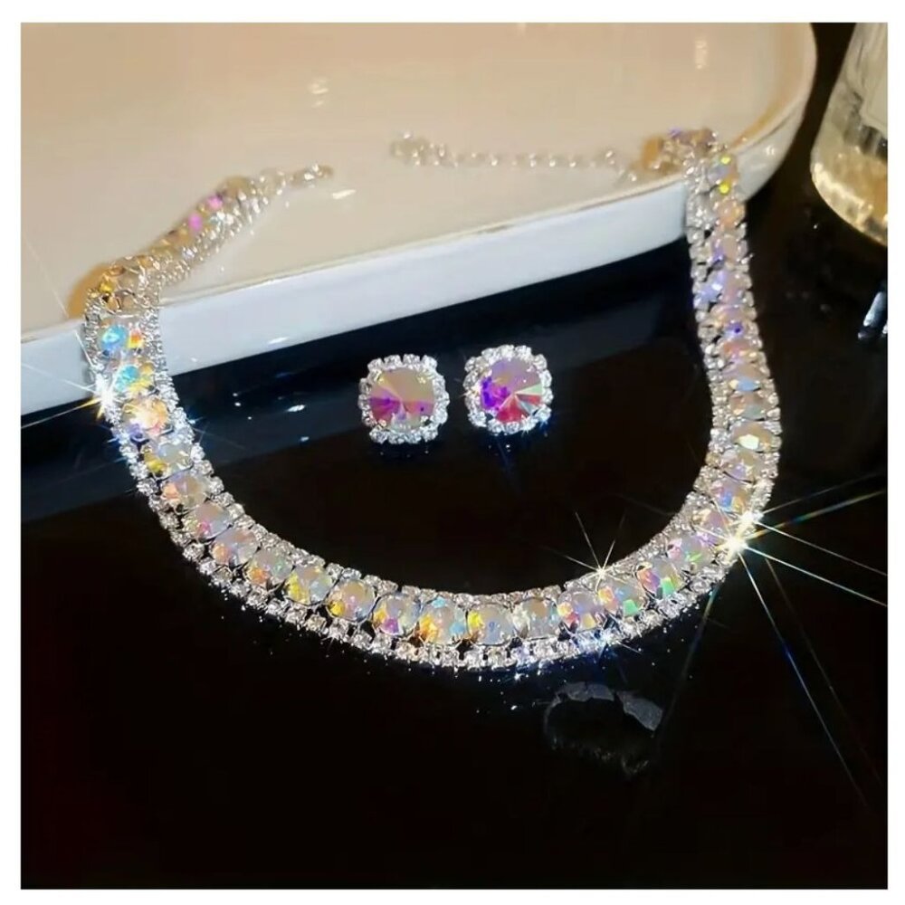 Super Sparkly Necklace & Earrings Set Rhinestone Choker & Rivoli Stud Silver Ton